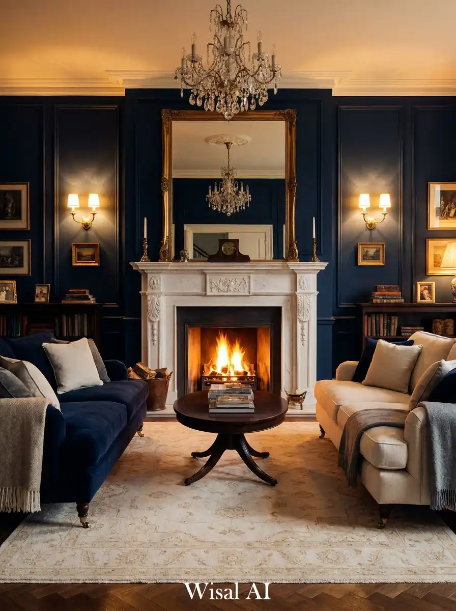 7. Fireside Elegance in a Navy Blue and White Living Room