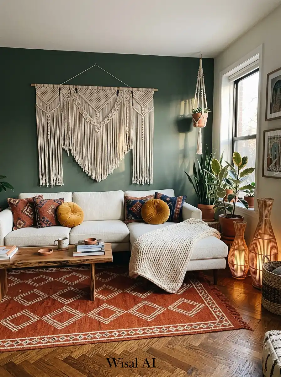 7. Cozy Sage Boho Living Room: Global Nomad Accents