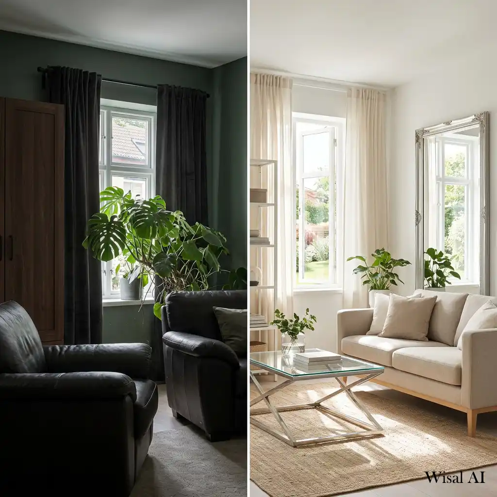 Dark living room with blocked windows limiting natural light throughout the space.