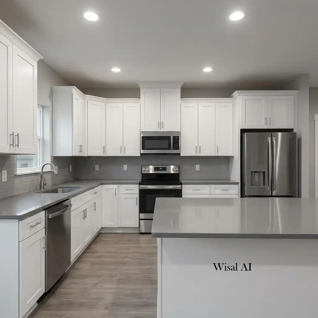 Bright kitchen with layered lighting and under-cabinet LED illumination.