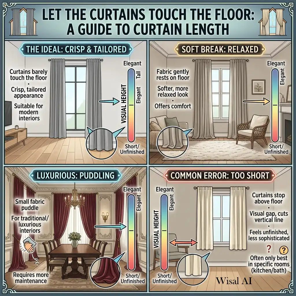 Luxury bedroom with full-length curtains gently touching the floor for timeless elegance.
