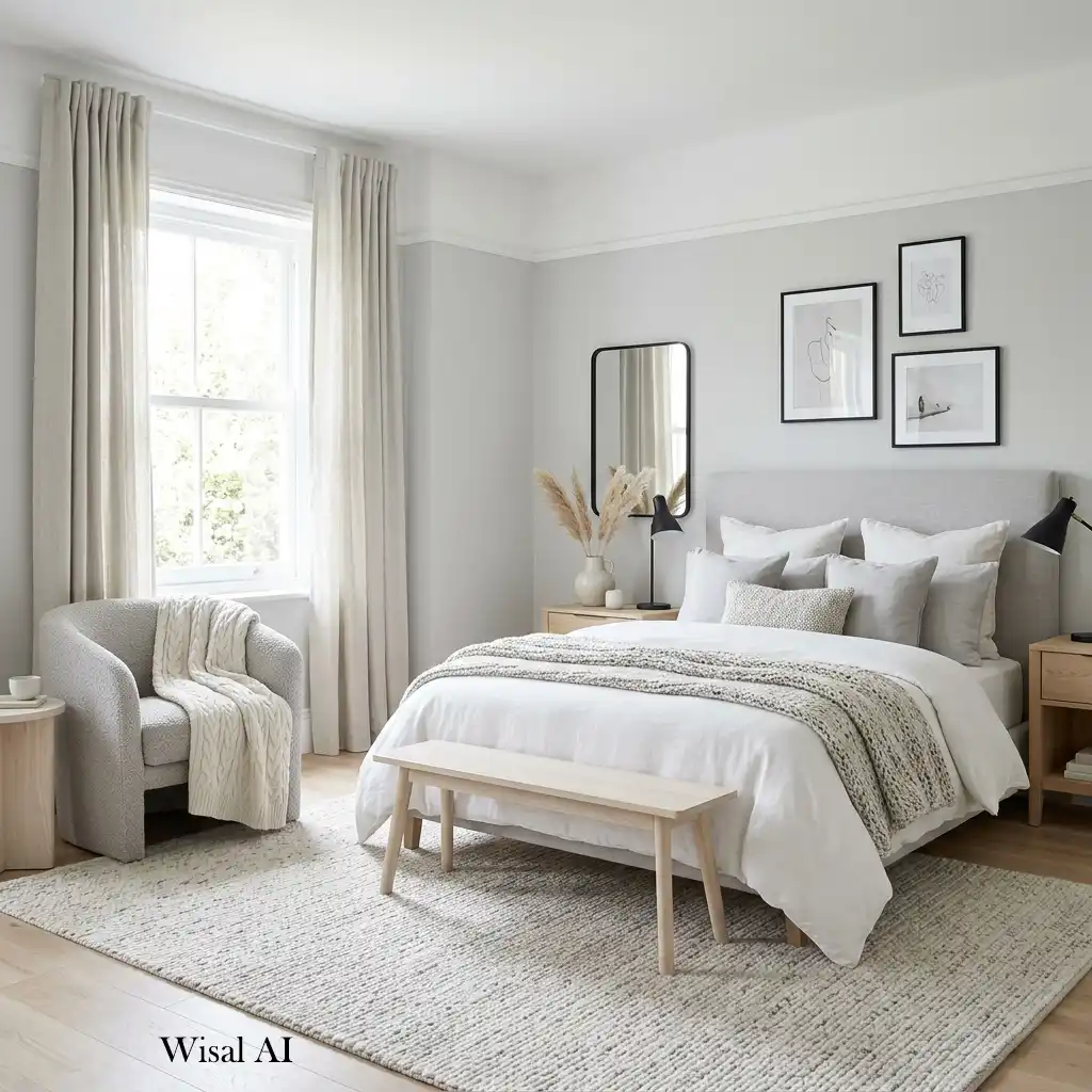 Bright bedroom featuring light gray walls with soft white bedding and décor.