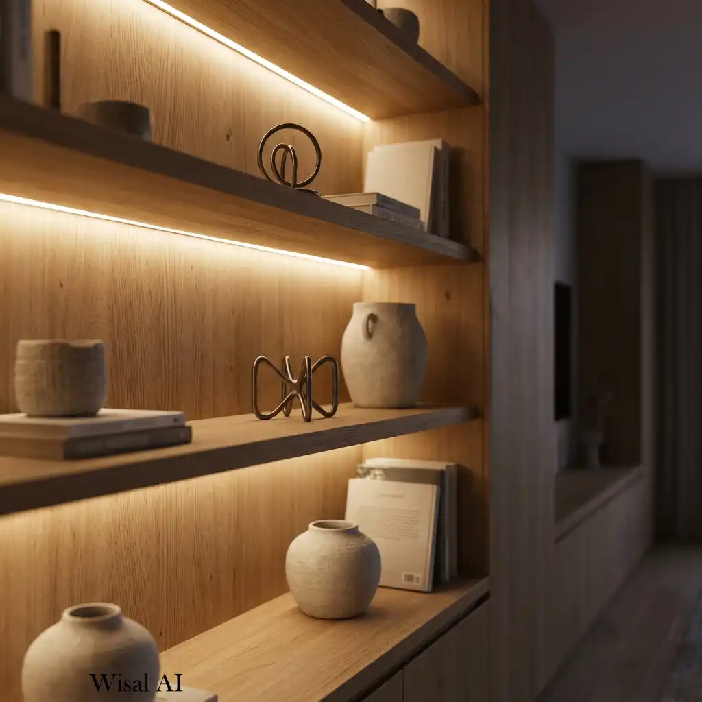 Built-in shelving with concealed LED lighting displaying books and decorative objects.