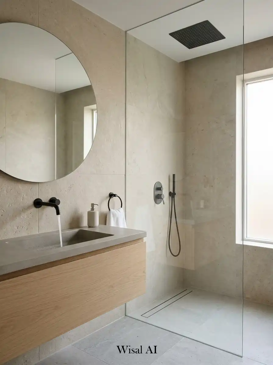 Minimal bathroom fixtures with matte finishes clean geometric lines and elegant modern spa-style interior detailing.