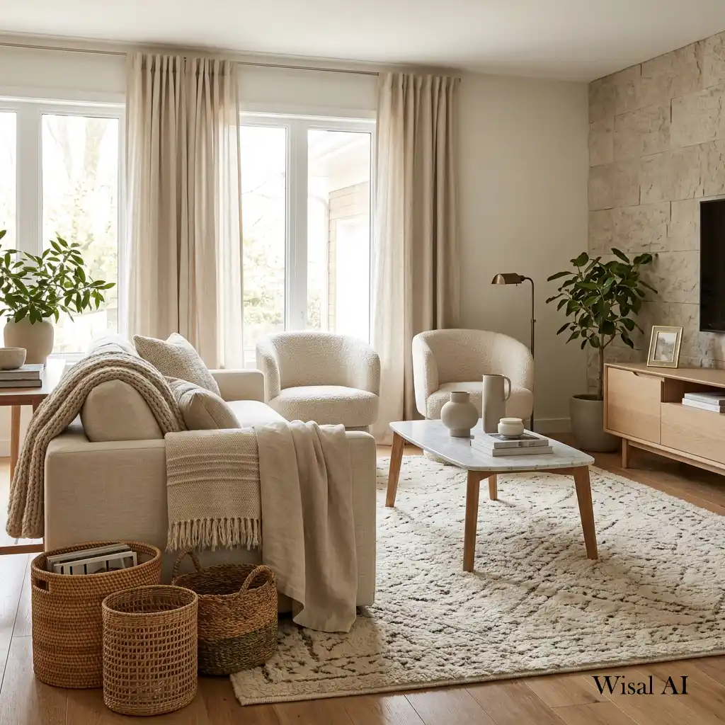 Luxury living room featuring linen, marble, wool, and wood textures.