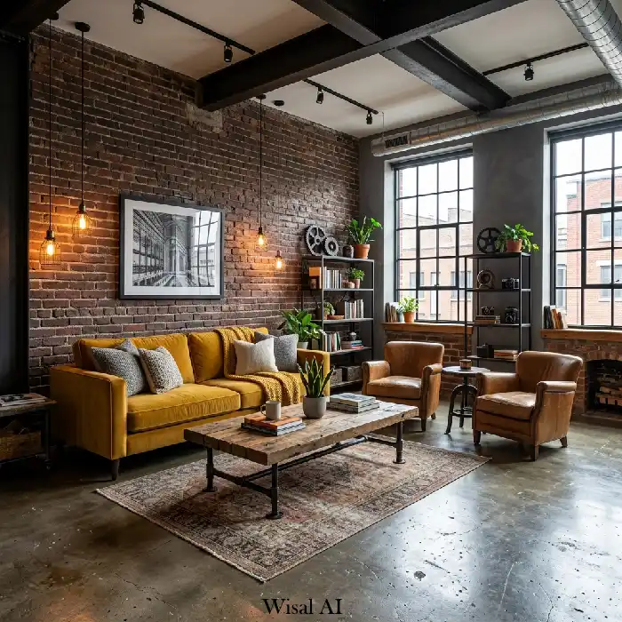 Industrial style living room with mustard yellow sofa, exposed brick walls, and black metal details