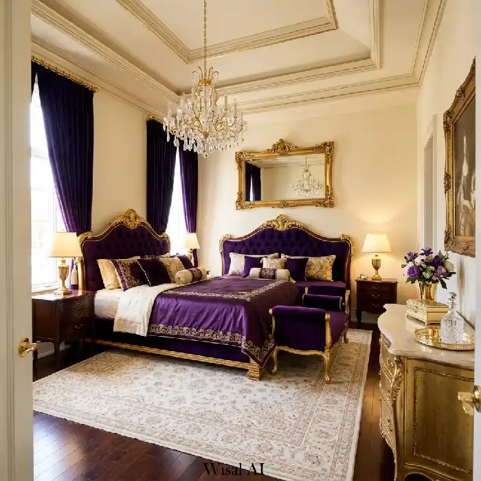 Luxury purple and gold royal style bedroom with velvet textures and rich decor