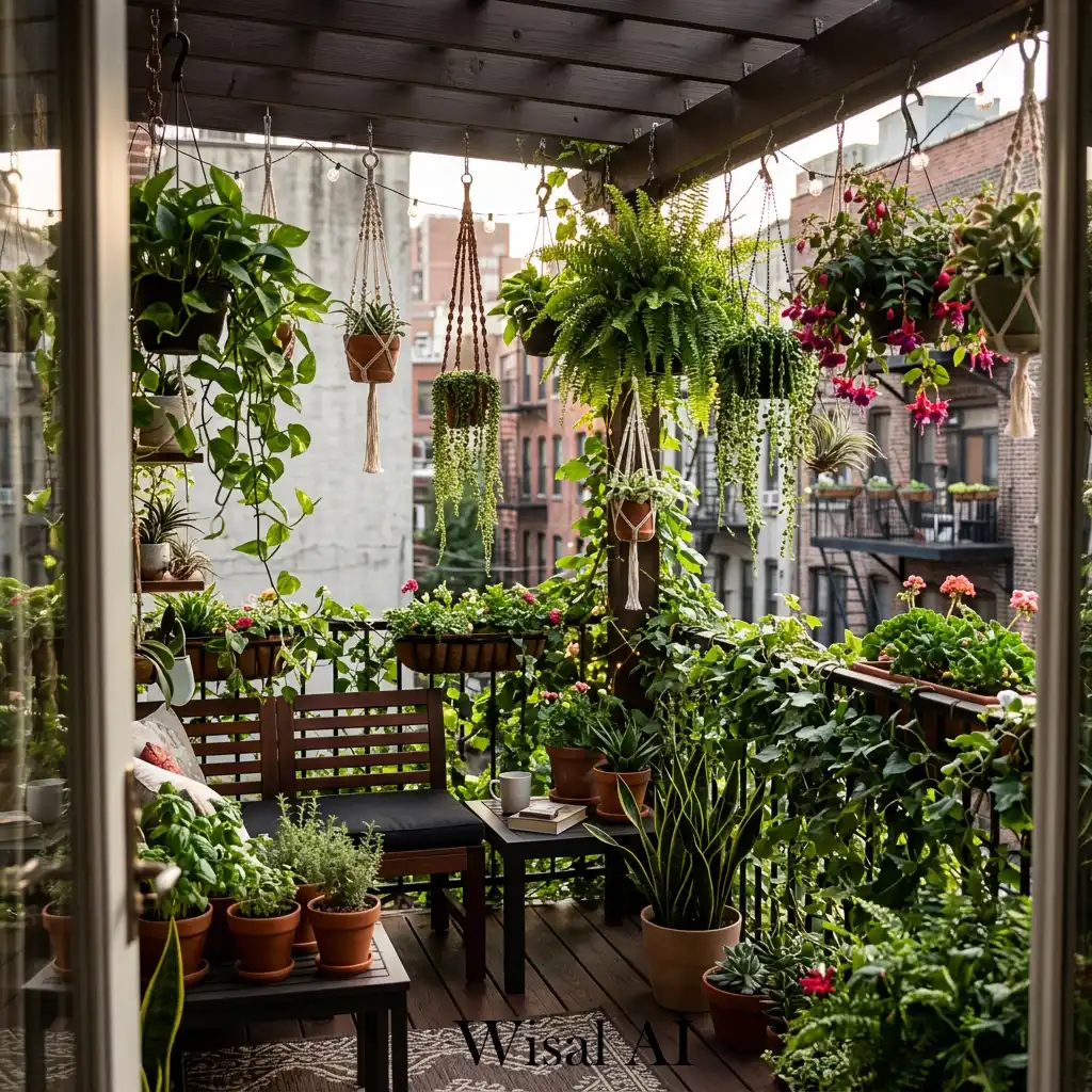 Space-saving green balcony with compact modern furniture