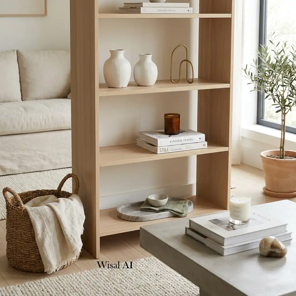 Minimalist living room styled with curated ceramic décor and natural accessories.