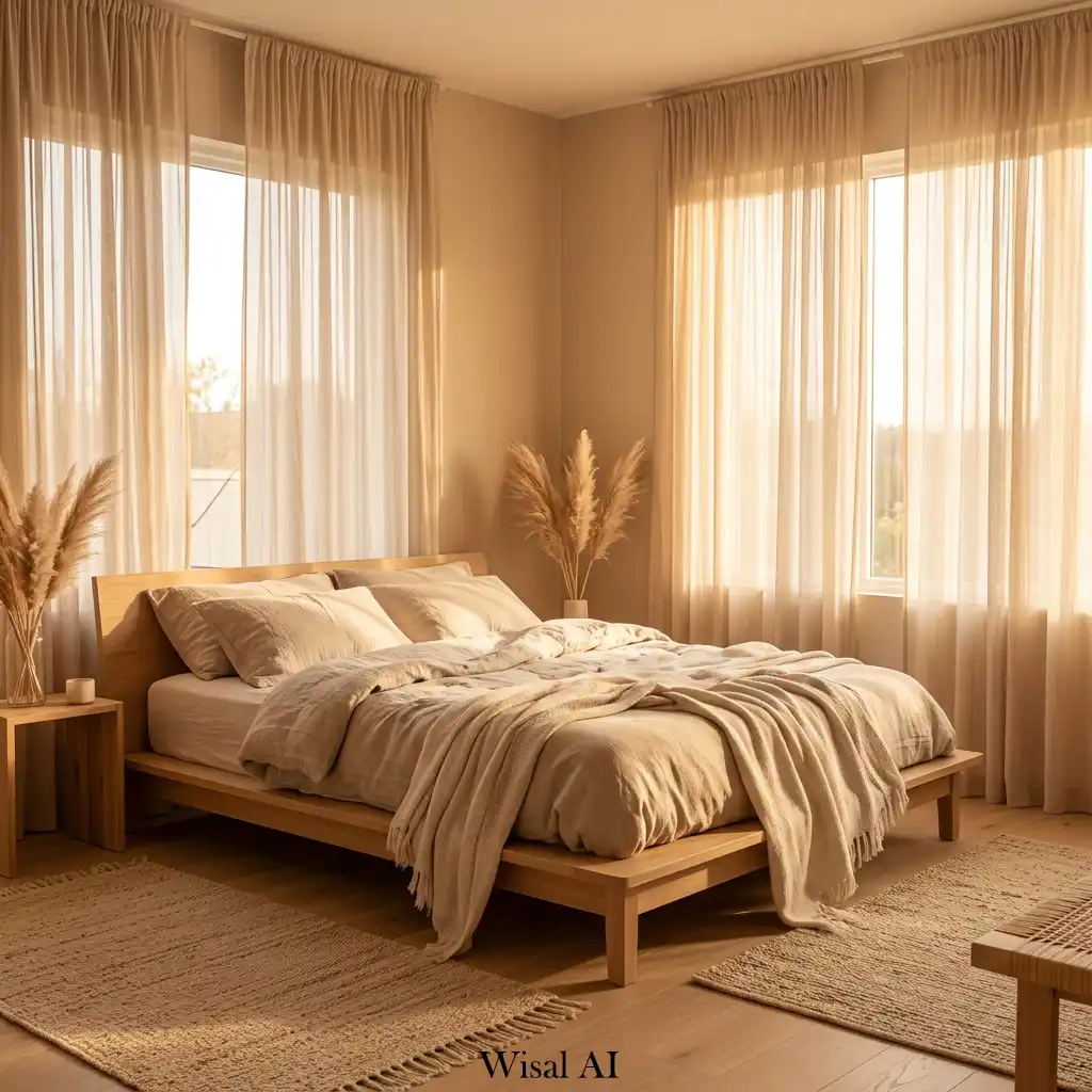 Bright sunlit bohemian bedroom with tan tones and airy natural lighting