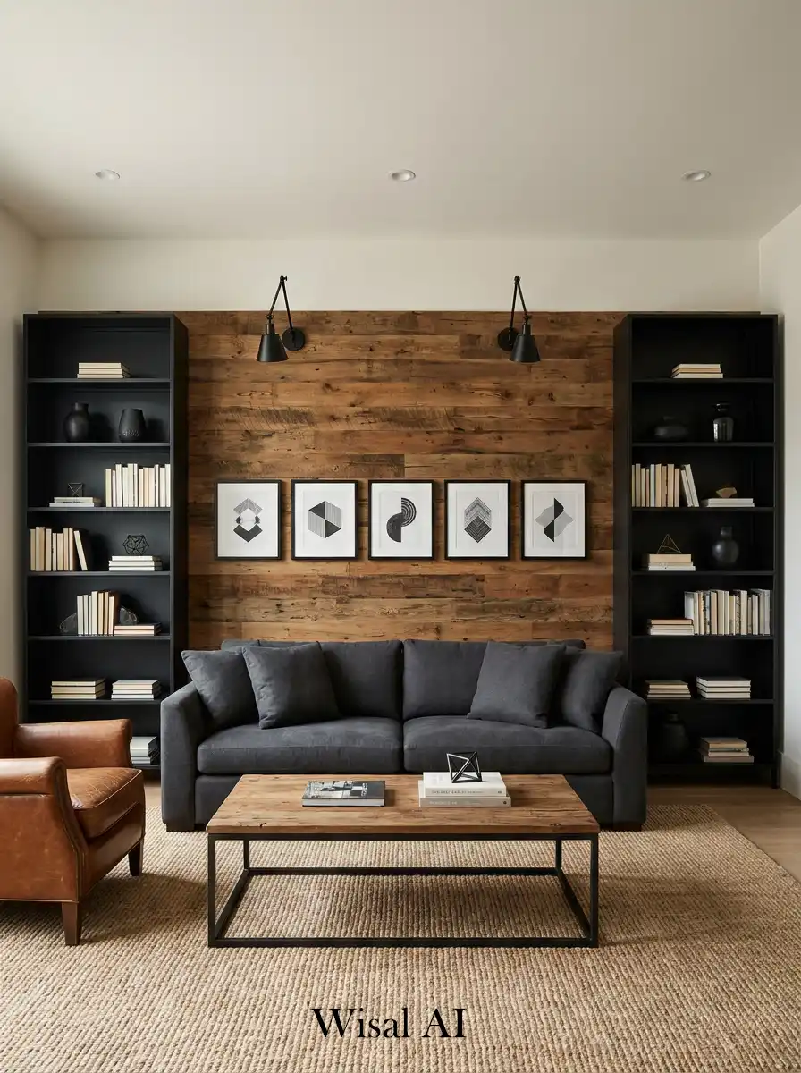 17. The Geometric Hearth: Black and Wood Living Room