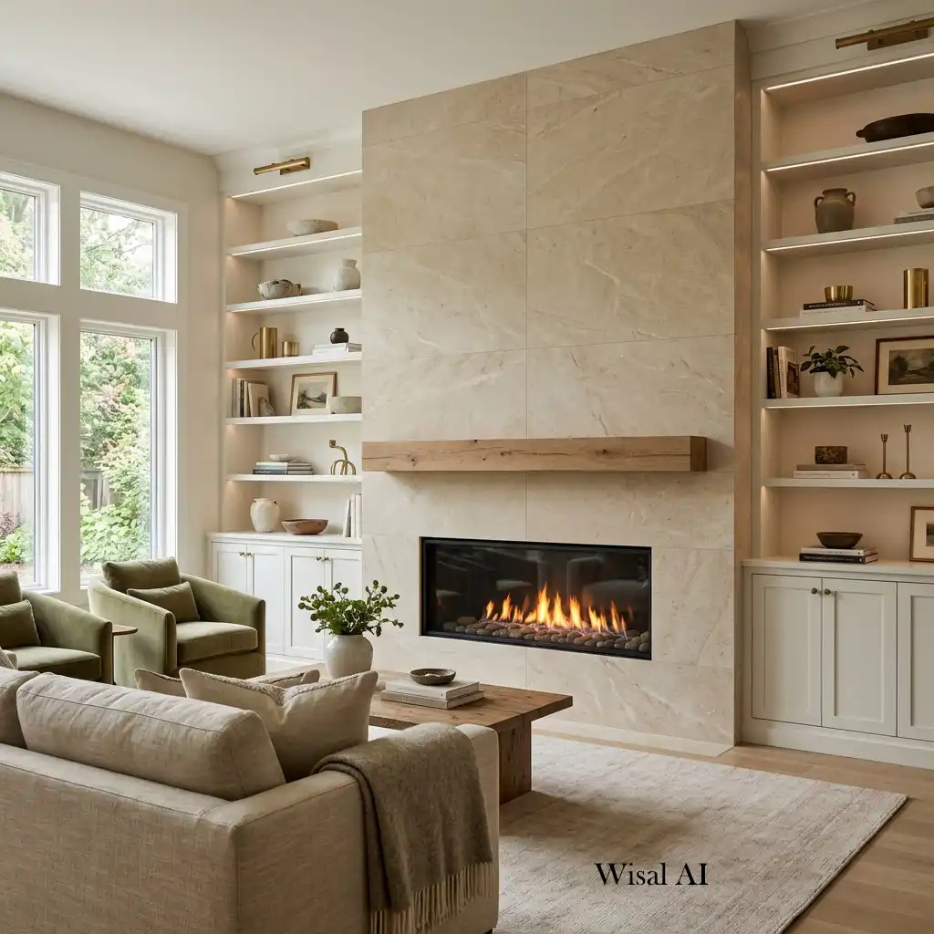 Modern fireplace wall with marble surround and built-in shelving.