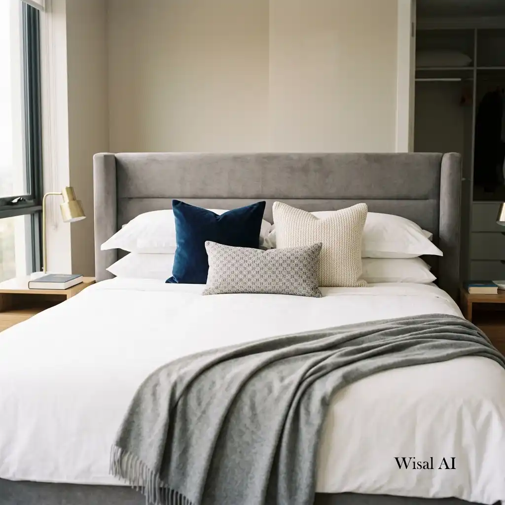 Hotel-style bed with a balanced arrangement of decorative pillows.