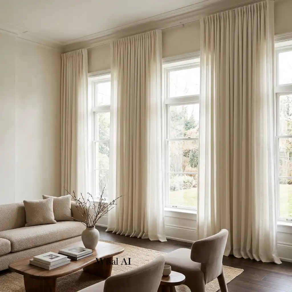 Floor-to-ceiling linen curtains adding height and elegance to a designer living room.