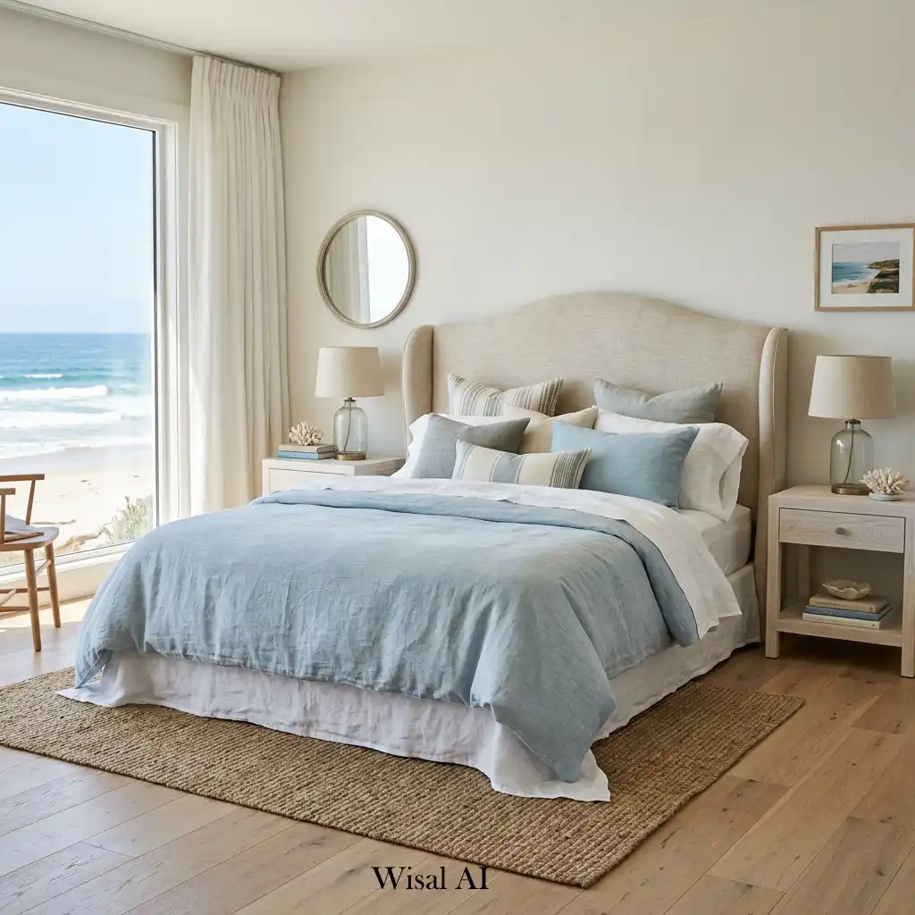 Coastal bedroom with a soft upholstered headboard and layered bedding.
