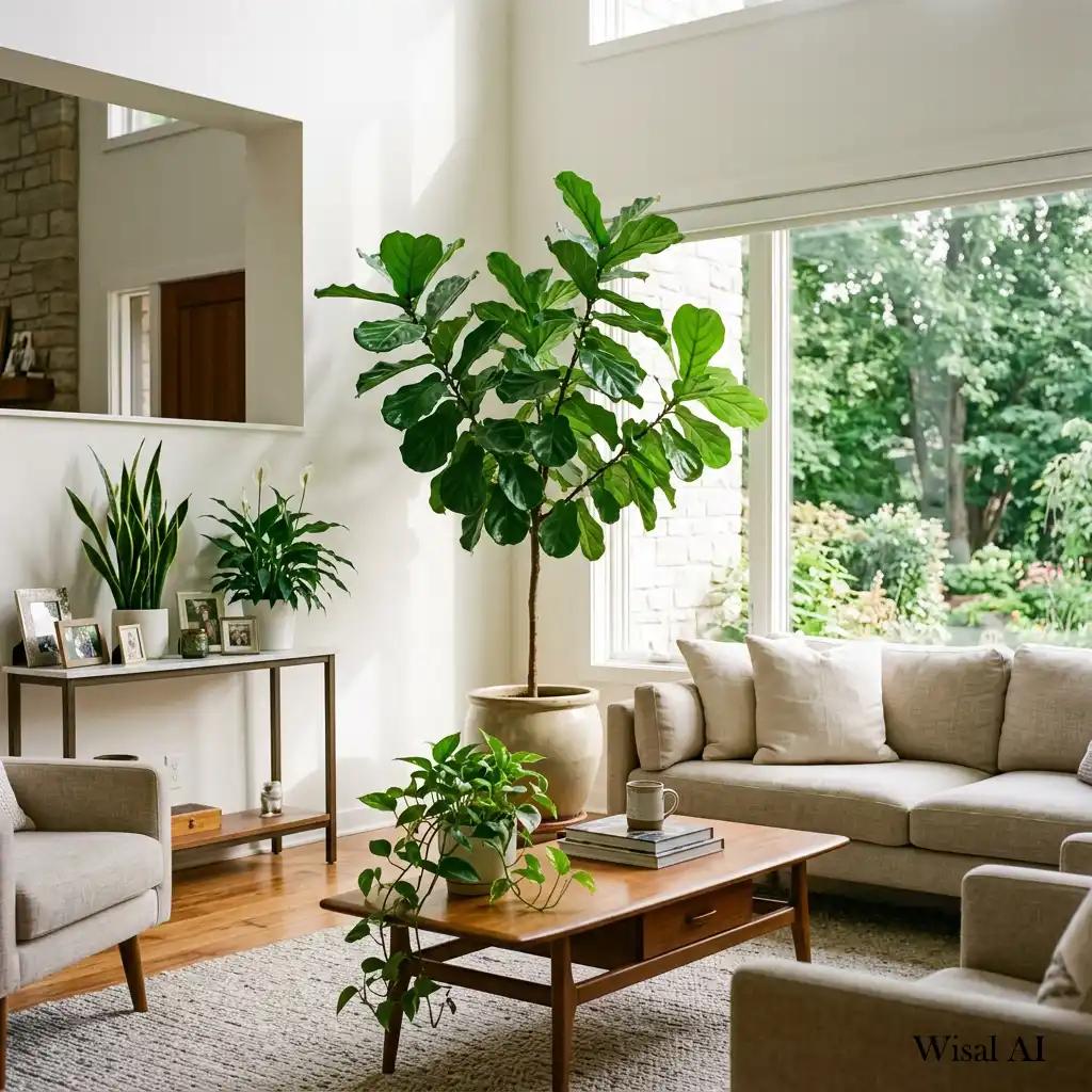 Bright living room decorated with lush indoor plants adding freshness and natural beauty.