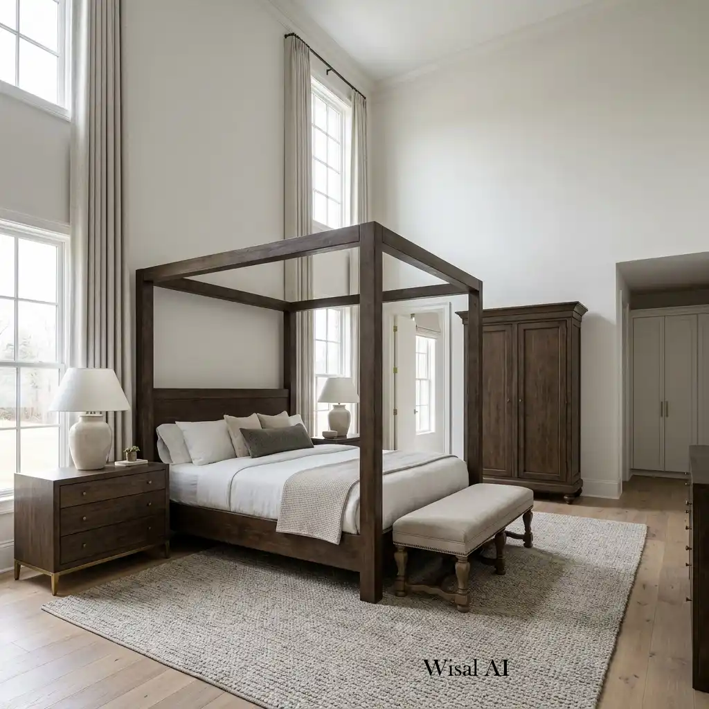Small bedroom furnished with perfectly scaled furniture for a spacious and balanced look.