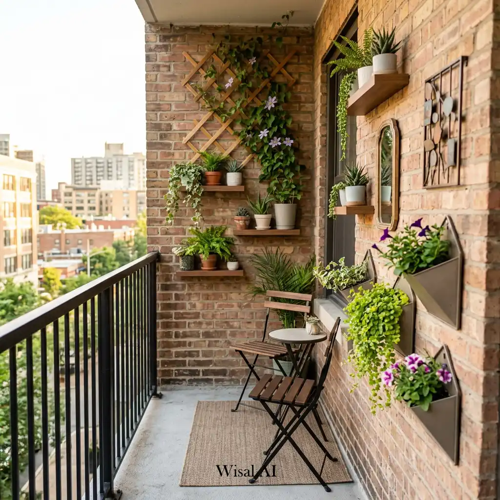 Modern balcony with vertical planters and wall-mounted décor maximizing limited space efficiently.