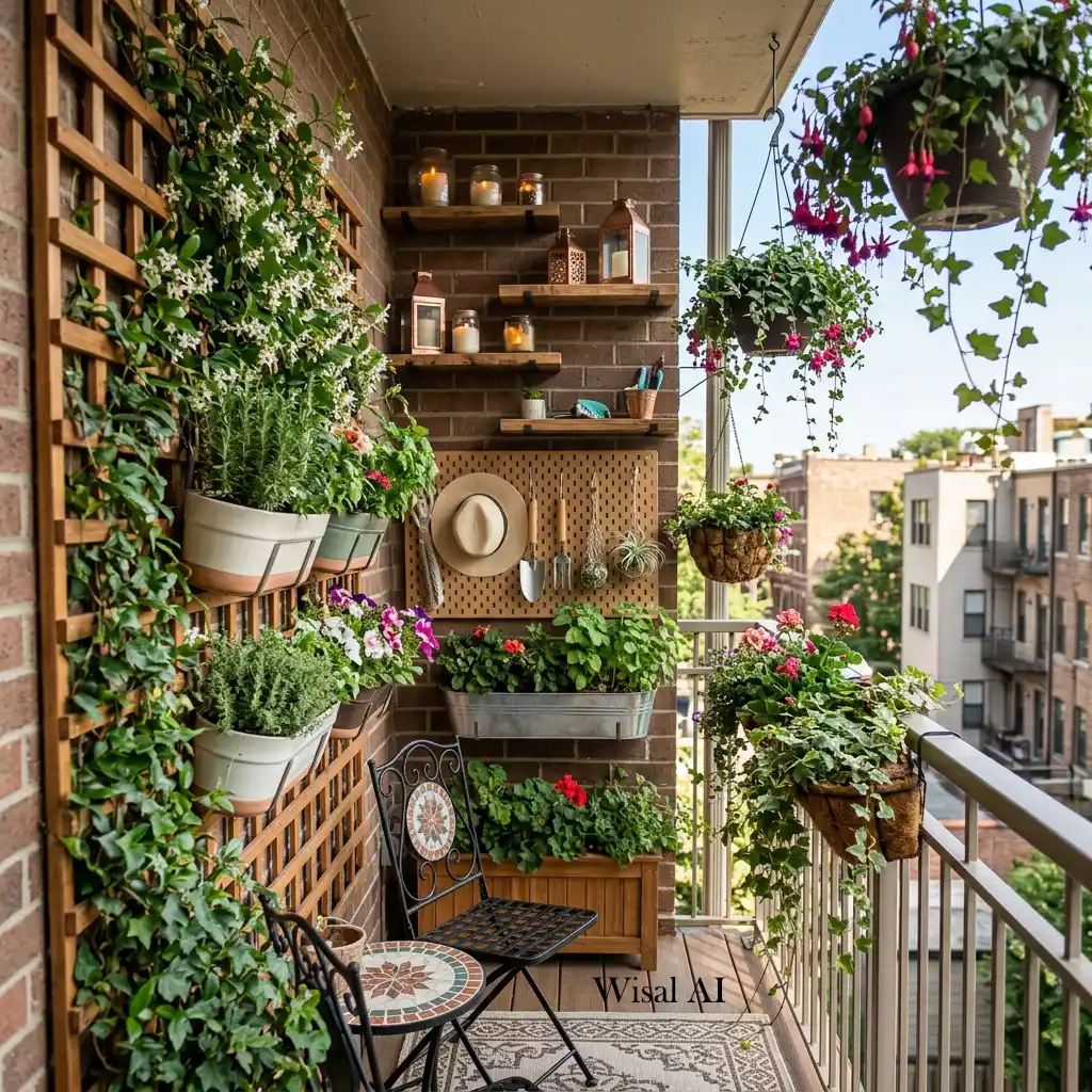 Small balcony decorated with vertical planters and wall-mounted greenery to maximize space.