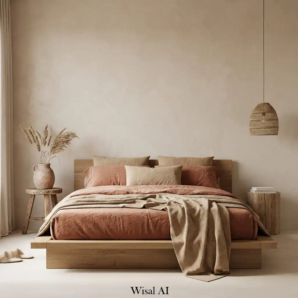 Earthy clay and tan boho bedroom with rustic handmade decor elements