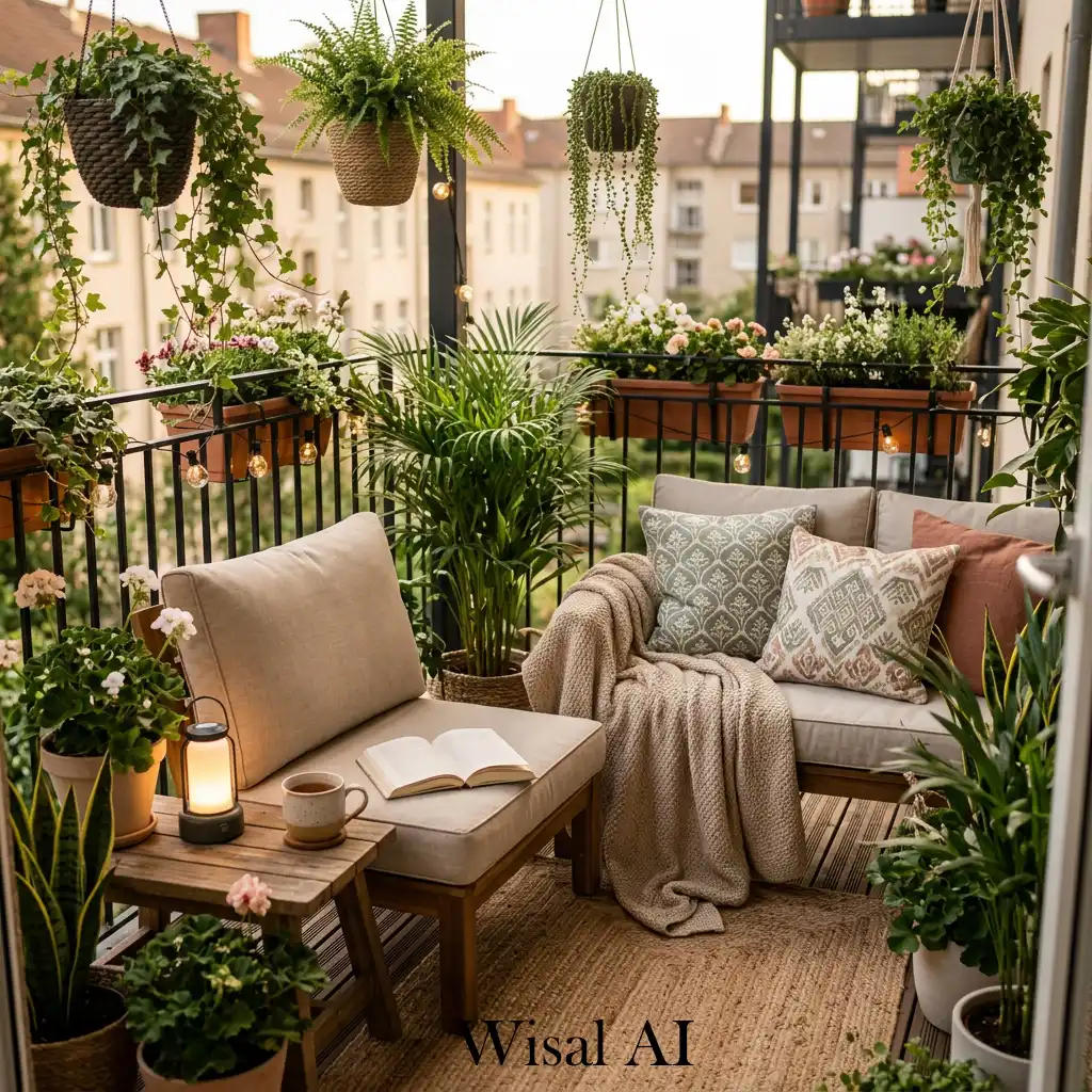 Hanging plants creating layered depth on green balcony