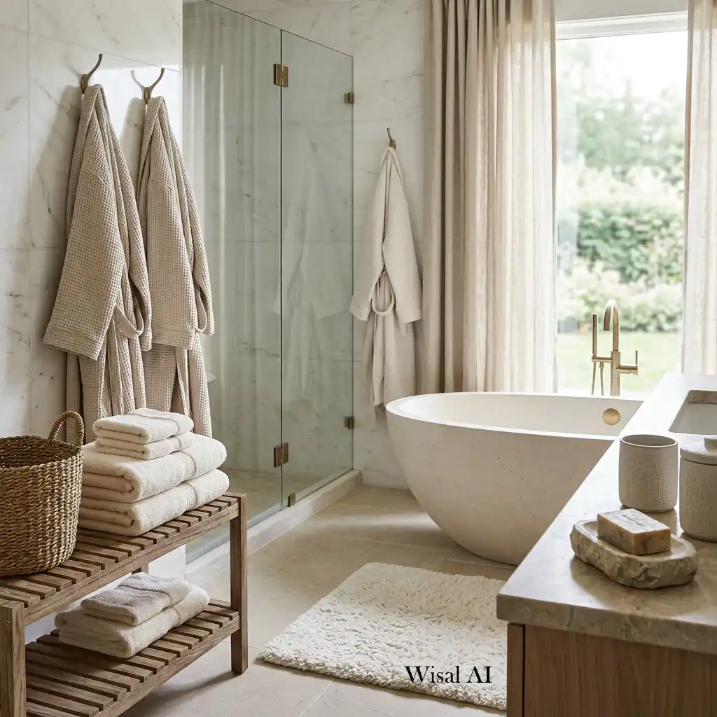Cozy spa-inspired bathroom layered with soft cotton towels, textured bath mats, linen accents, and woven baskets.