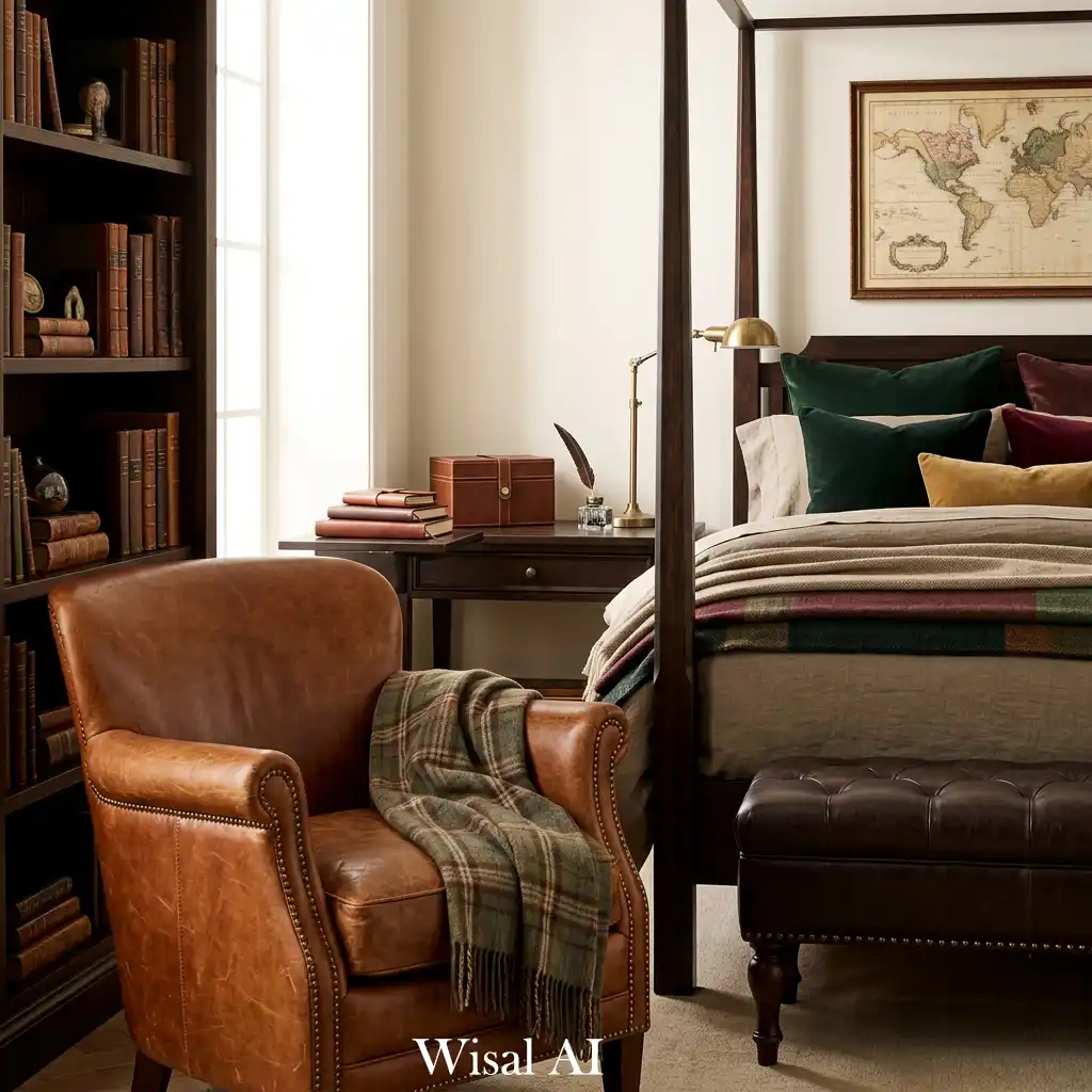 Classic dark academia bedroom with leather chair and wooden bookshelves