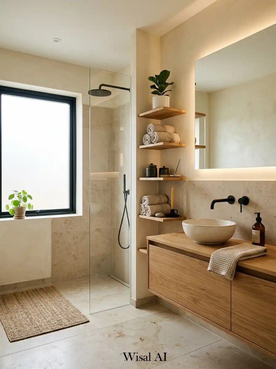 8. Japandi Bathroom with Minimal Open Shelving
