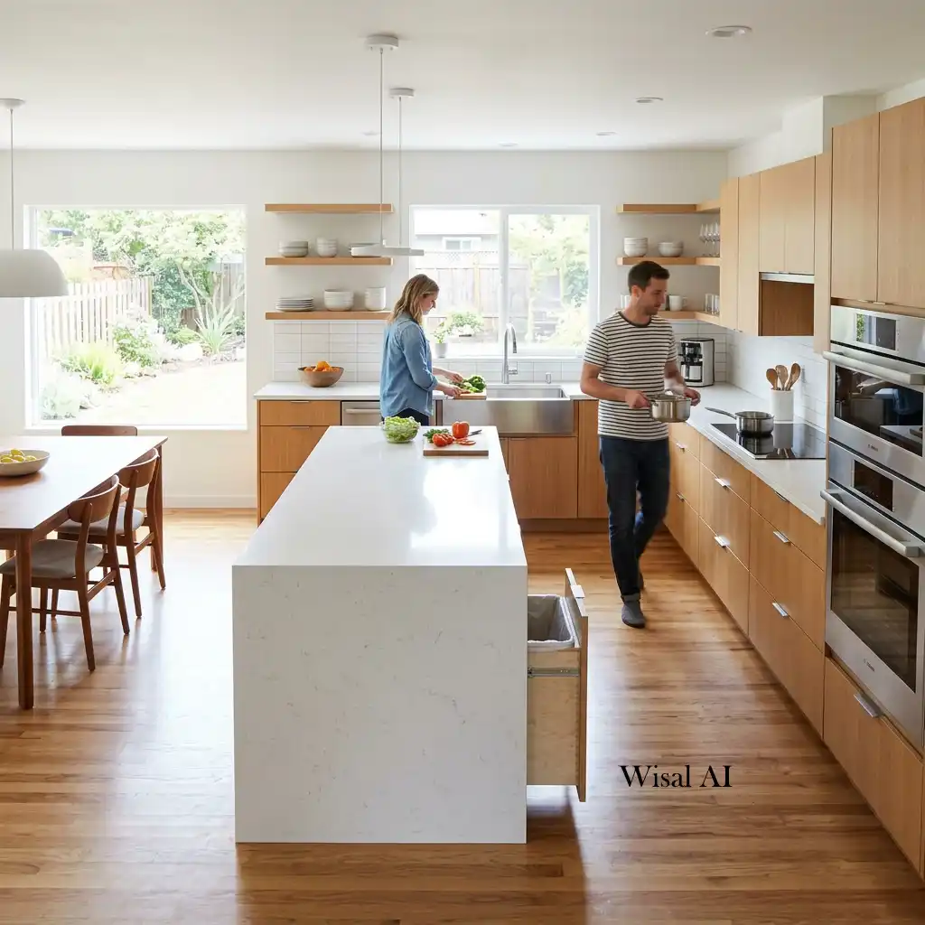 Open-concept kitchen with wide walkways and a functional layout.
