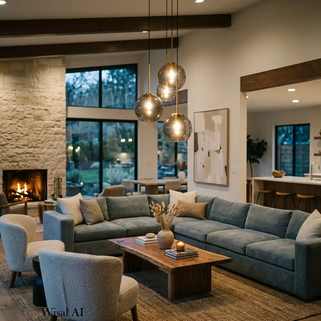 Modern living room with pendant lights suspended above the central seating area.