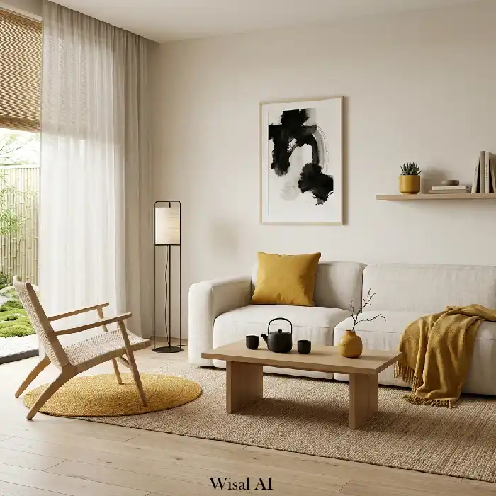 Japandi inspired living room with mustard yellow accents, natural wood, and calm minimal design