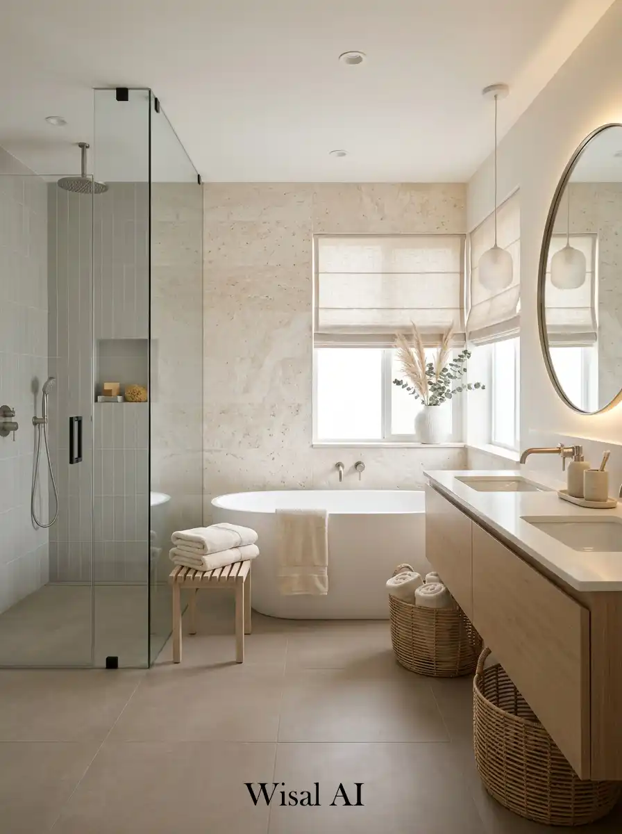 Neutral color luxury bathroom with soft textures and calming spa-inspired design