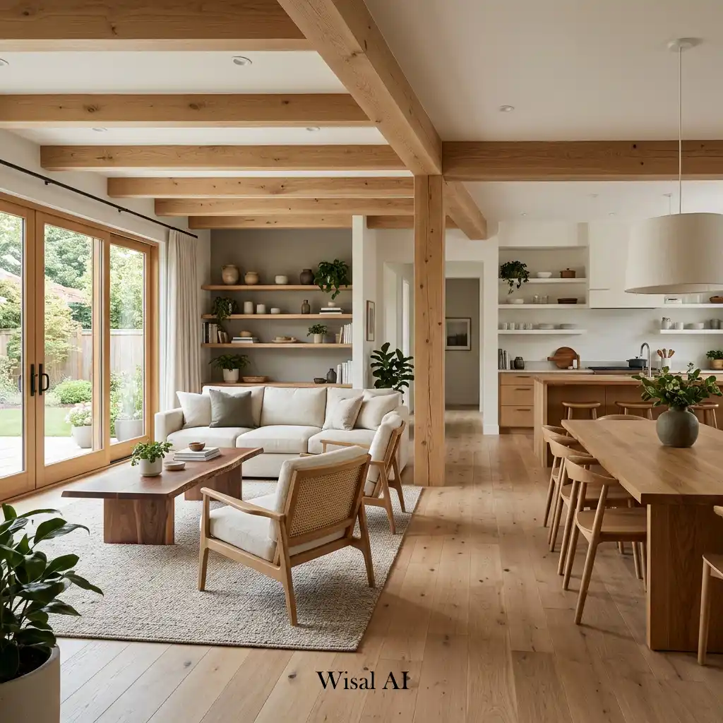 Open living space featuring natural wood furniture and warm finishes
