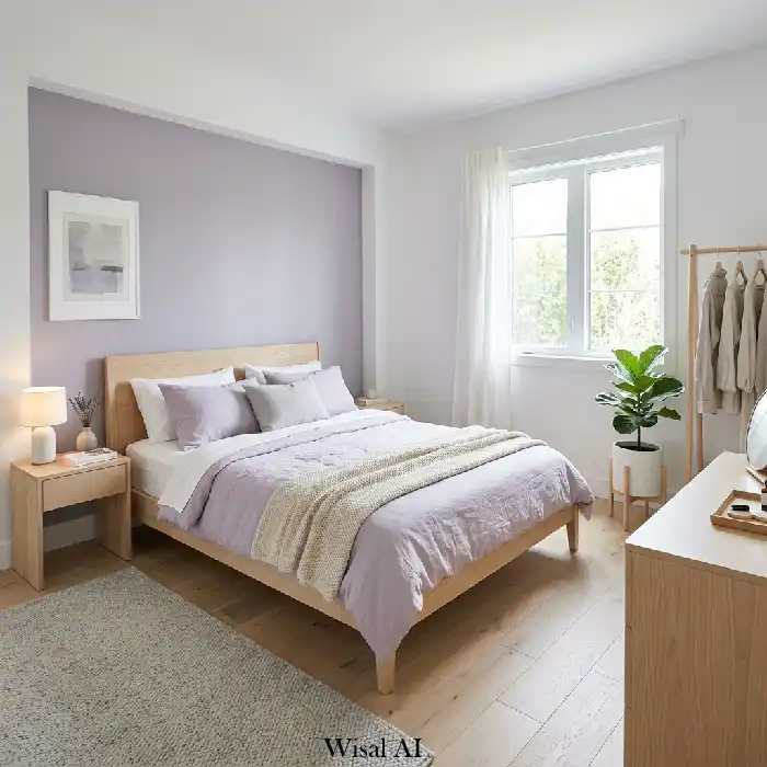Cozy purple velvet bedroom with warm lighting and soft layered bedding
