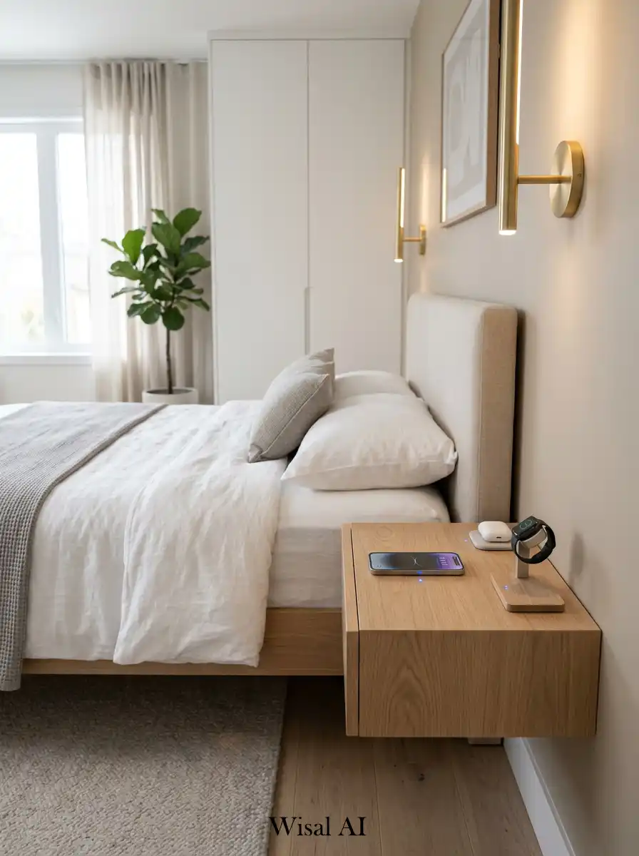 Smart bedroom with hidden charging station and organized devices.