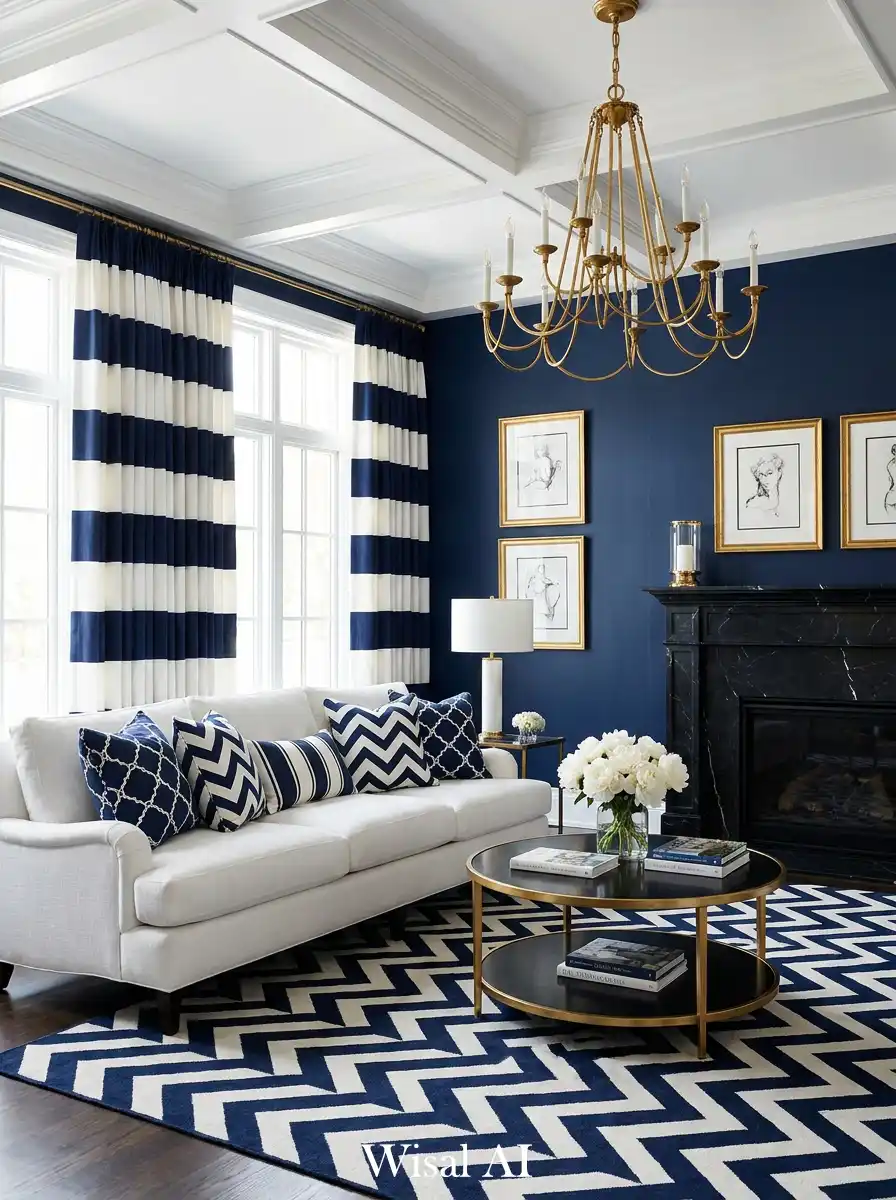 8. The Patterned Traditional Navy Blue and White Living Room