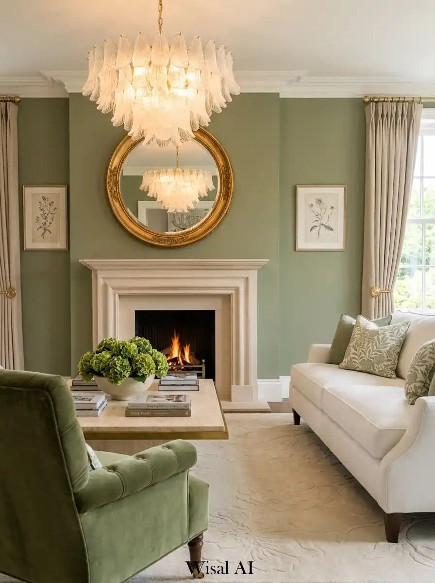 8. Traditional Warmth: Sage Green Living Style