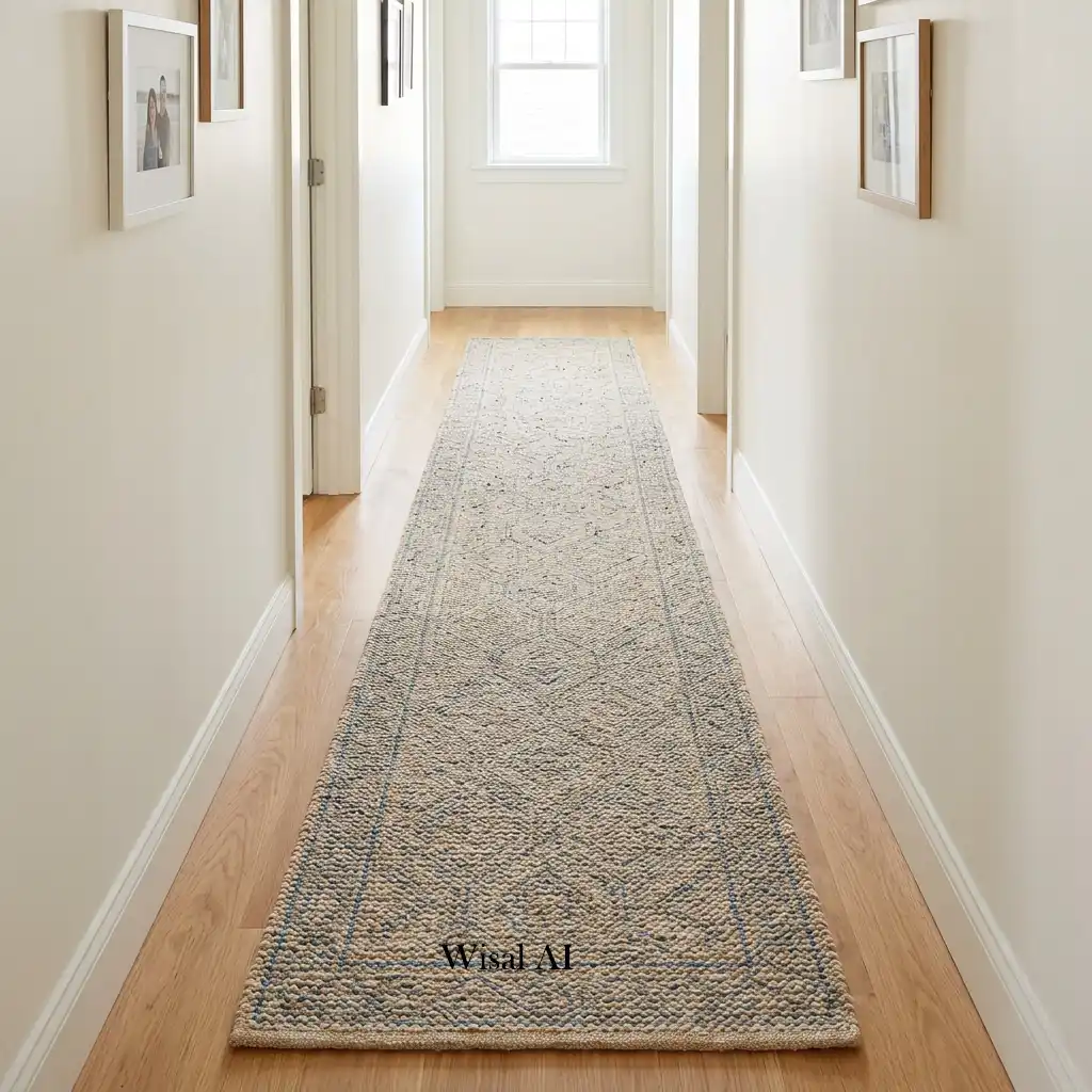 Bright hallway featuring a long runner rug adding warmth and visual flow.