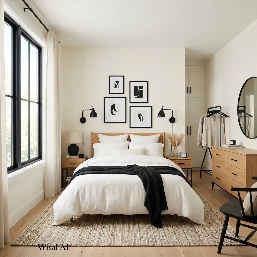 Contemporary bedroom combining black accents with warm white walls for timeless elegance.