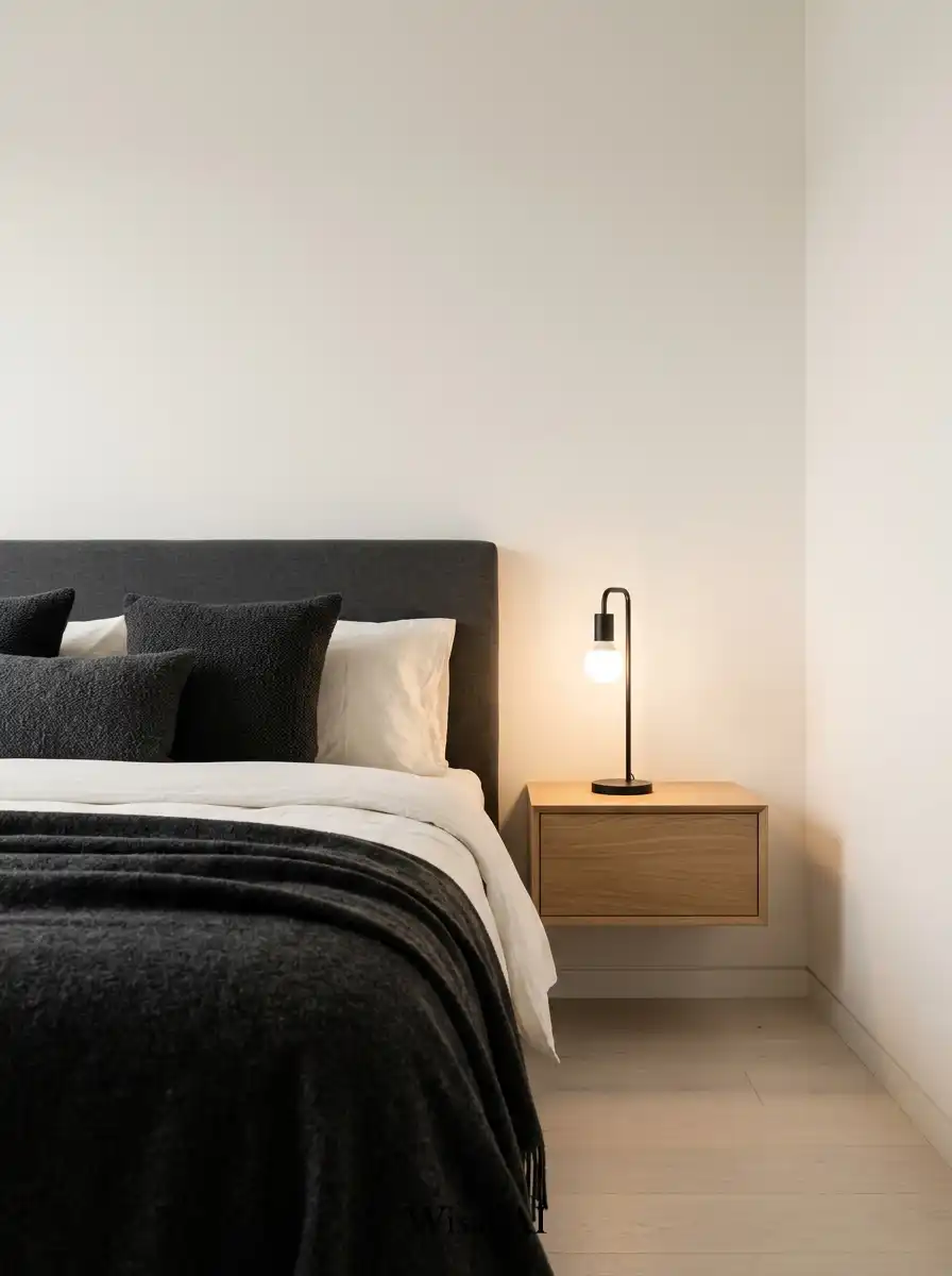 Modern bedroom using charcoal gray and warm white tones to create strong contrast balanced with soft lighting and textures.
