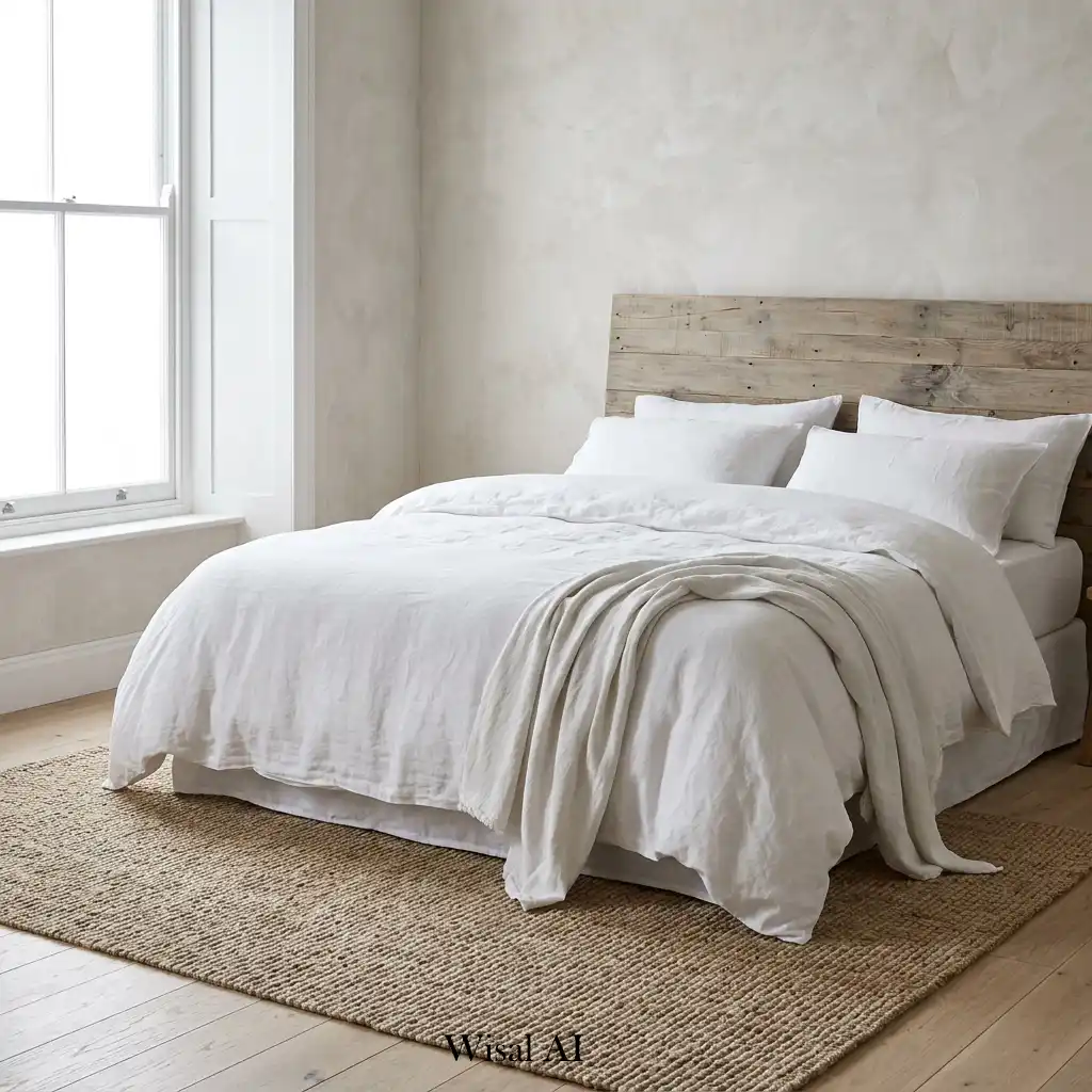 Relaxing beach house bedroom with layered neutral textures and fabrics.