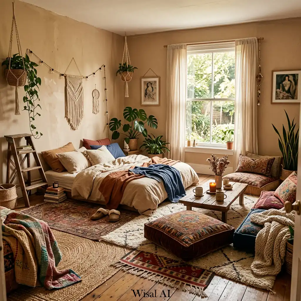 Cozy floor-style bohemian bedroom with soft rugs and relaxed seating