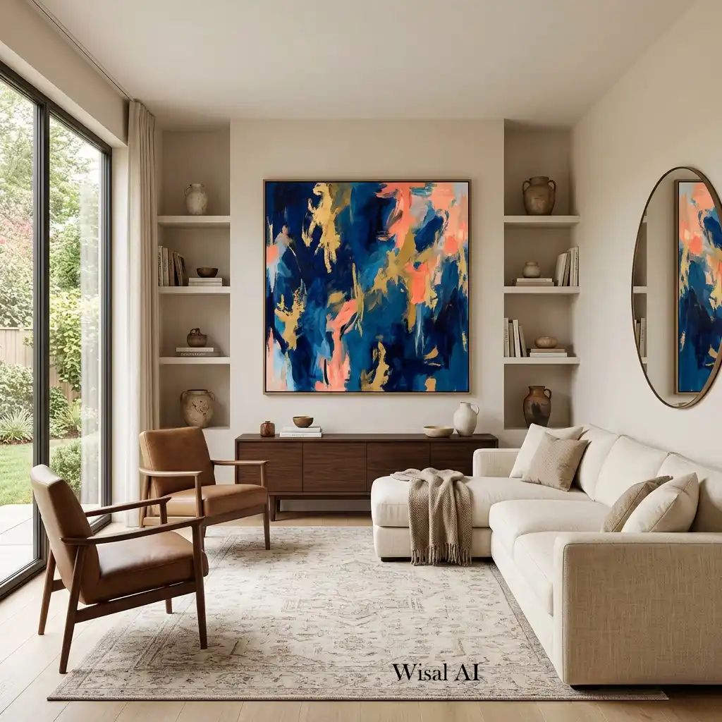 Beautiful living room featuring a statement focal point with elegant artwork and balanced furniture.