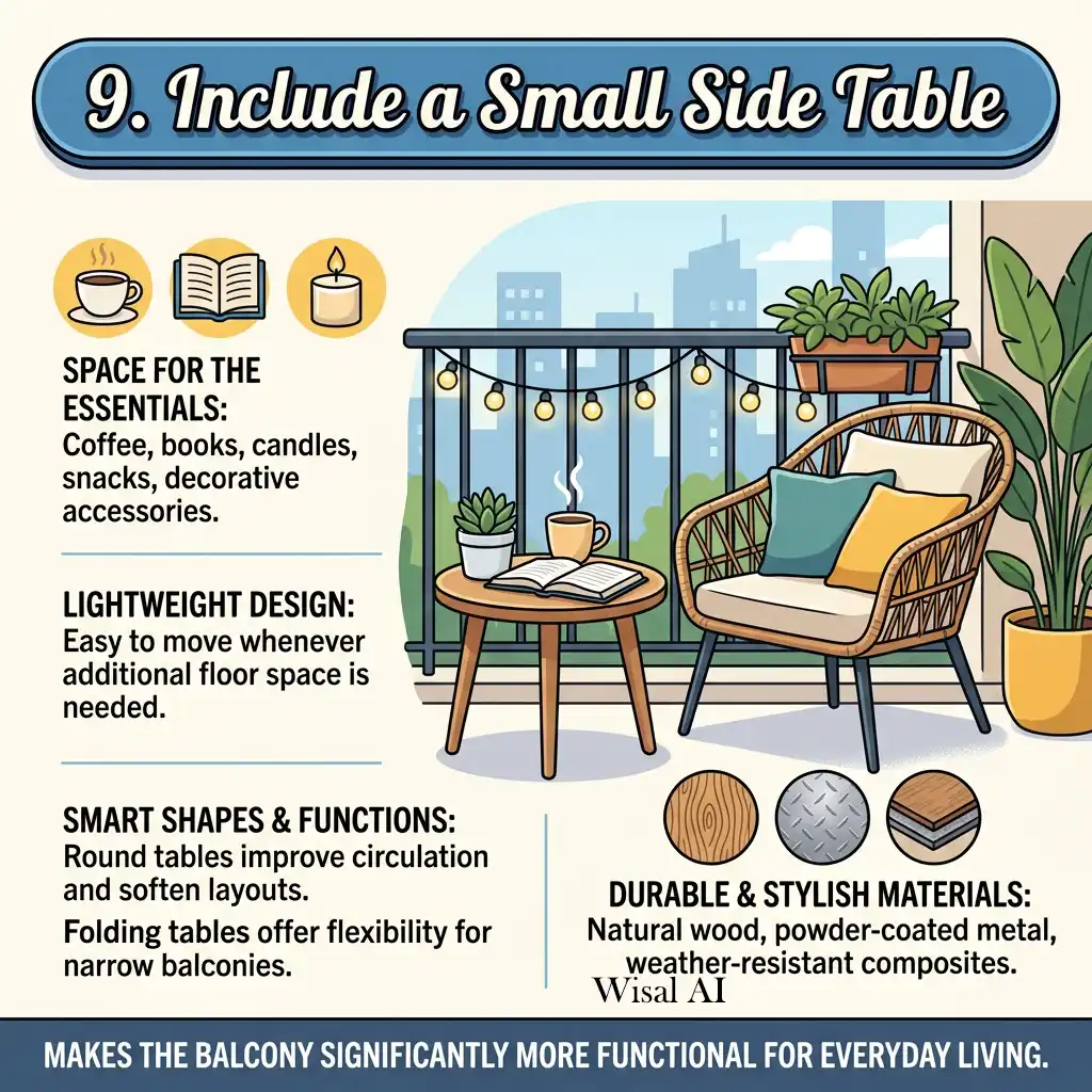Modern balcony with a compact side table perfect for coffee, books, and outdoor relaxation.