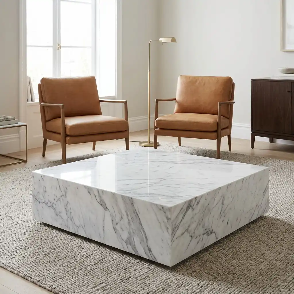 Travertine coffee table paired with premium natural materials in a sophisticated living room.