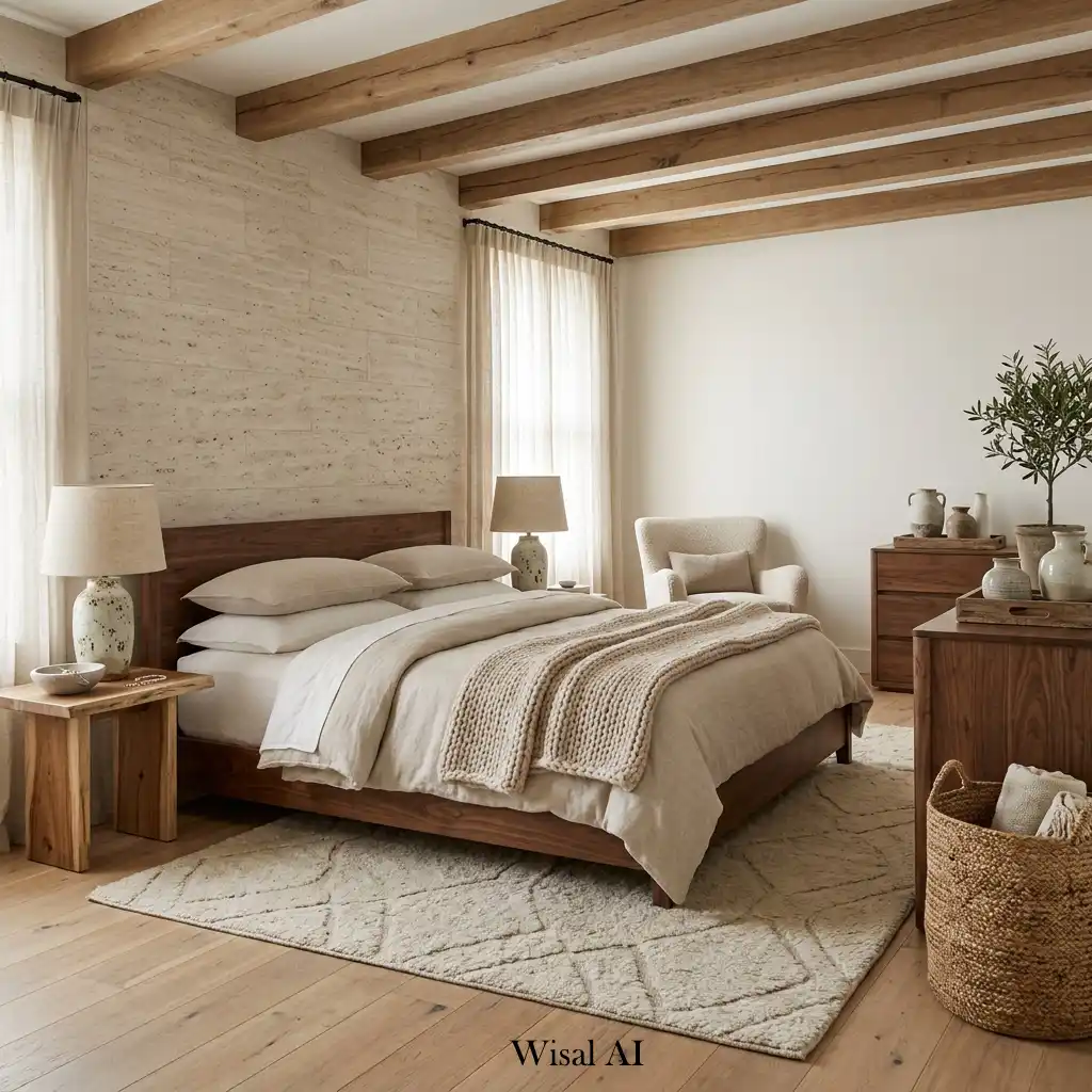 Cozy bedroom decorated with natural wood, linen, and woven textures for timeless elegance.