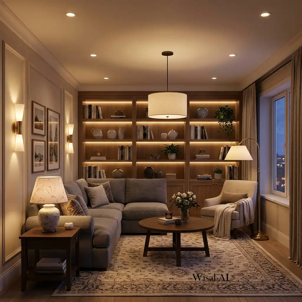 Cozy living room with layered lighting creating warmth and visual depth.