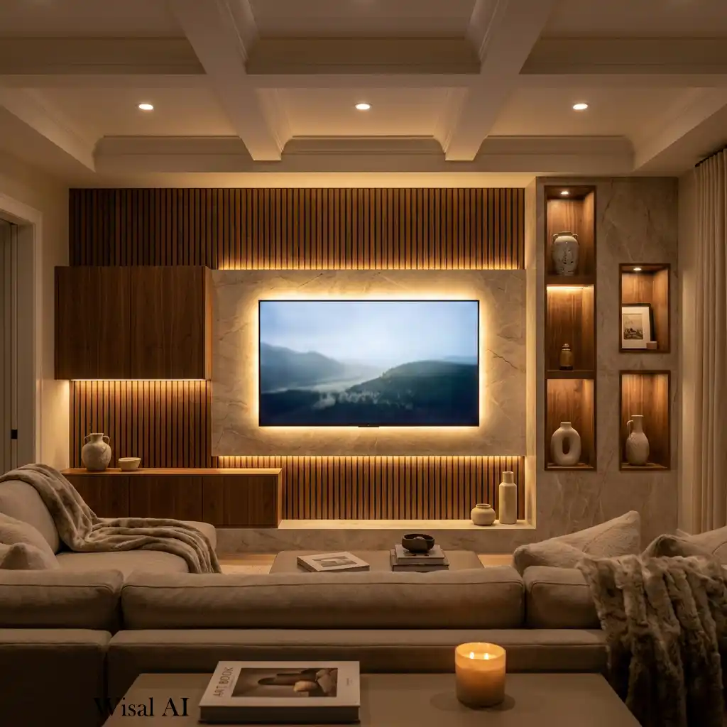 Built-in TV wall with hidden LED backlighting creating a soft ambient glow.