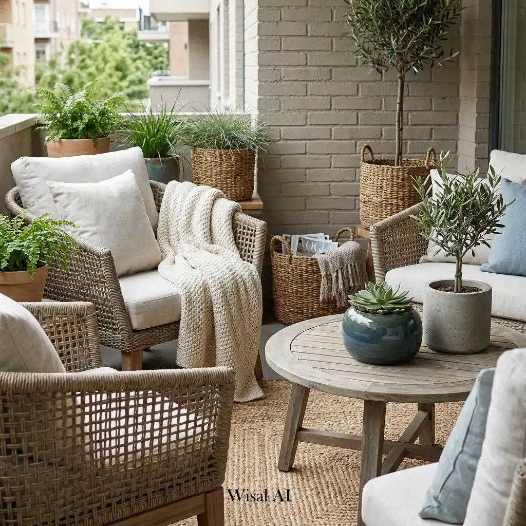 Designer balcony combining wood, wicker, linen, and ceramic textures for timeless elegance.