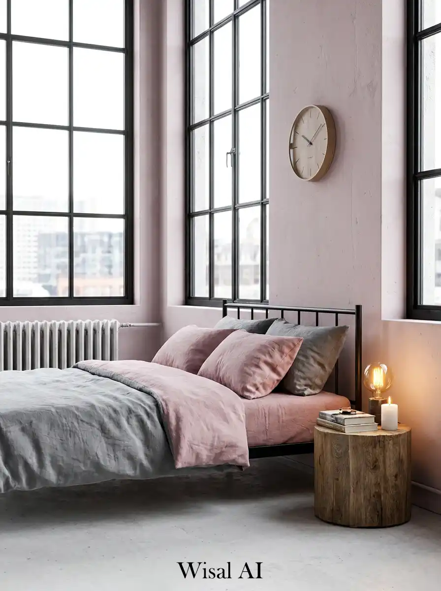 19. Modern Loft Vibe: Industrial Dusty Pink Bedroom Idea